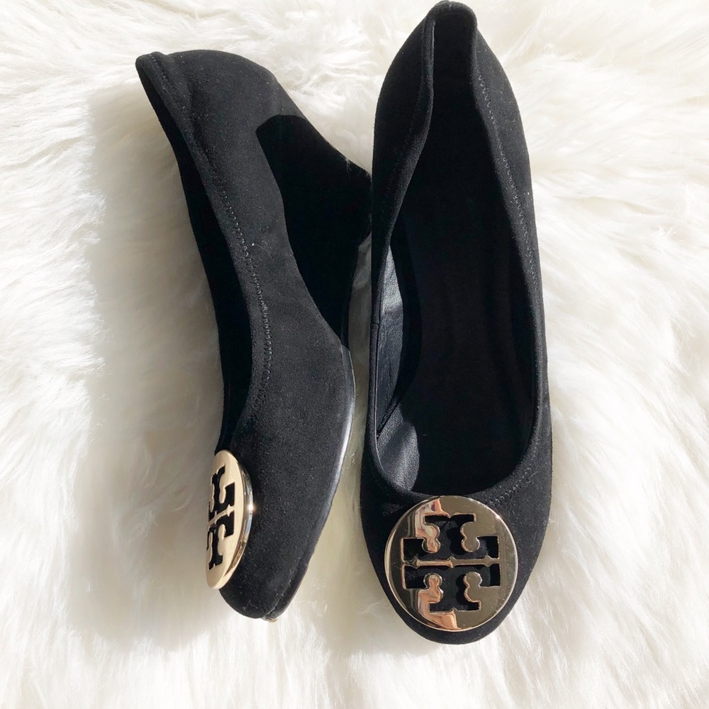 NEW Tory Burch Reva black leather wedge heels 5M - Picture 3 of 8